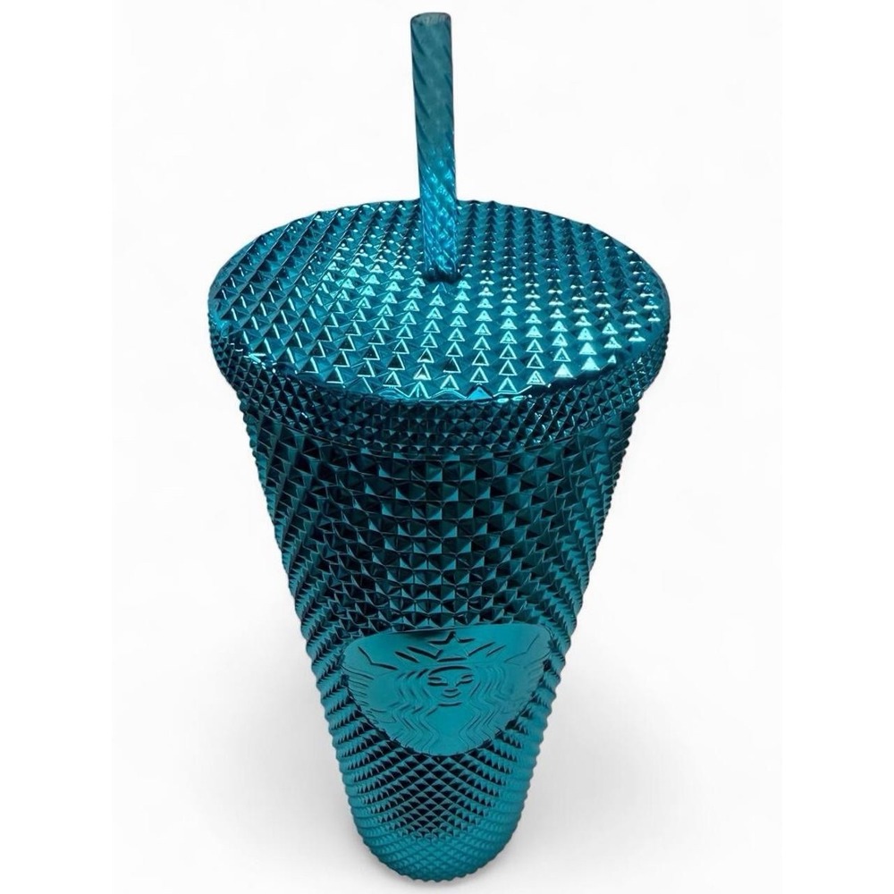 Starbucks Summer 2023 Metallic Chrome Teal Blue Bling Studded 24 oz. Tumbler